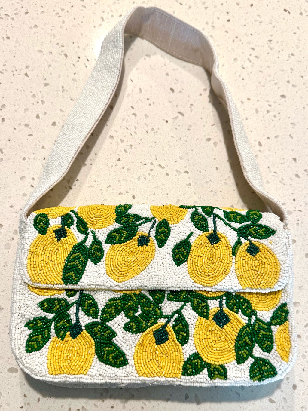 Sincerely Jules Beaded Lemon Print Shoulder Bag - White & Yellow